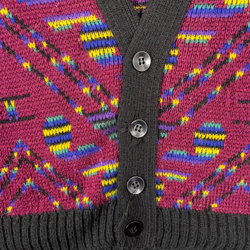 Vintage Cardigan Sweater Mens XL Burgundy Geometric Zig Zag Knit Retro - Picture 5 of 5